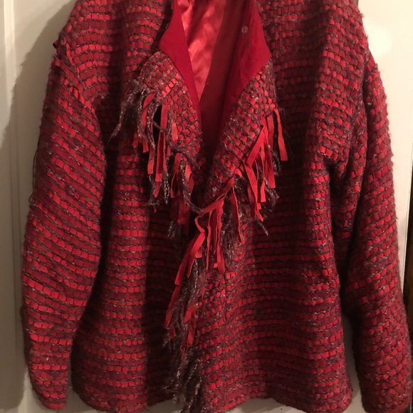 Vintage 80s Woven Red Suede Fringed Jacket, M - Picture 16 of 16